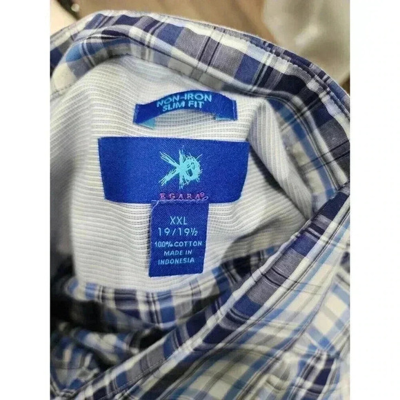 Egara Non Iron Slim Fit Button Up Shirt XXL Blue Checkered Long Sleeves Collared - Picture 4 of 6